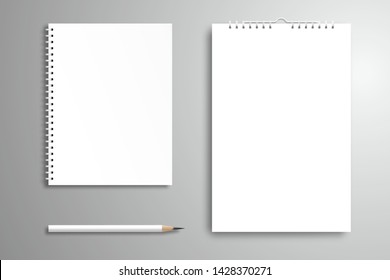 Blank White Closed Book Or Notebook With A Spiral, Calendar Or Poster And Pencil. Top View Mockup With Shadow.  Isolated Element For Design