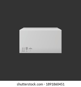 Mochila de la caja de cartón blanca y blanca cerrada en blanco desde la vista lateral aislada en el fondo oscuro. Modelación realista de los paquetes de envío o entrega - ilustración vectorial.