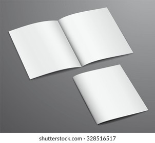 Blank white closed and open brochure magazine, isolated on dark background