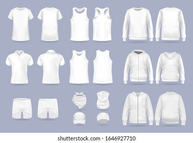 Blank white collection of men's clothing templates. T-shirt, hoodie, sweatshirt, short sleeve polo shirt, jacket bomber, head bandanas and cap, tank top, neck scarf and buff. Realistic vector mock up