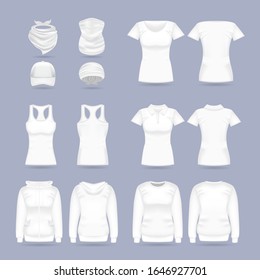 Blank white collection of women's clothing templates. T-shirt, hoodie, sweatshirt, short sleeve polo shirt, head bandanas and cap, tank top, neck scarf and buff. Realistic vector mock up