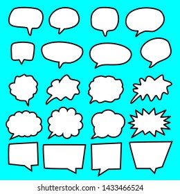 blank white comic speech bubbles with various different shape set isolated on blue background. vector illustration