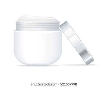 Blank white container for cosmetics with open cap on white background. Container for cream. Product for body, face and skin care, beauty, health, freshness, youth, hygiene. Realistic illustration.