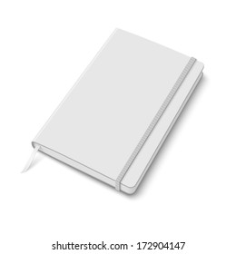 Blank white copybook template with elastic band and bookmark. Vector illustration.