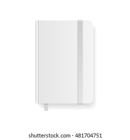 Blank White Copybook Template with Elastic Band and Bookmark. Vector illustration, part of copybooks blanks collection