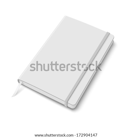 Blank white copybook template with elastic band and bookmark. Vector illustration.