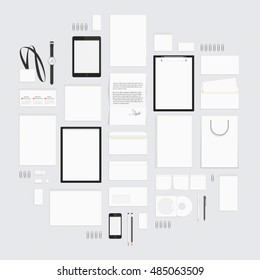 Blank white corporate identity template set. Big set of business stationery for your design layouts . Branding design. Letter envelope, card, catalog, pen, pencil, badge, notebook, letterhead and more