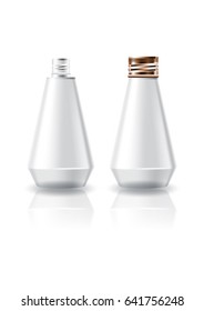 Blank white cosmetic cone shape bottle with copper screw cap for beauty product packaging. Isolated on white background with reflection shadow. Ready to use for package design. Vector illustration.