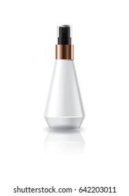 Blank white cosmetic cone shape bottle with press spray head for beauty product packaging. Isolated on white background with reflection shadow. Ready to use for package design. Vector illustration.