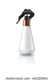 Blank white cosmetic cone shape bottle with spray head for beauty product packaging. Isolated on white background with reflection shadow. Ready to use for package design. Vector illustration.
