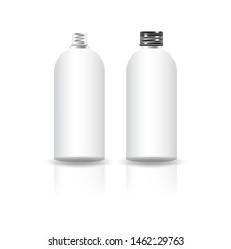 Blank white cosmetic round bottle with black screw lid for beauty or healthy product mockup template. Isolated on white background with shadow. Ready to use for package design. Vector illustration.
