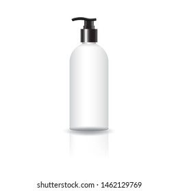 Blank white cosmetic round bottle with black pump head for beauty or healthy product mockup template. Isolated on white background with shadow. Ready to use for package design. Vector illustration.