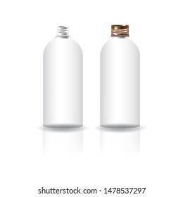 Blank white cosmetic round bottle with copper screw lid for beauty or healthy product mockup template. Isolated on white background with shadow. Ready to use for package design. Vector illustration.