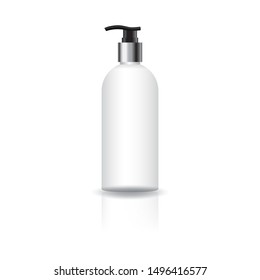 Blank white cosmetic round bottle with silver pump head for beauty or healthy product mockup template. Isolated on white background with shadow. Ready to use for package design. Vector illustration.