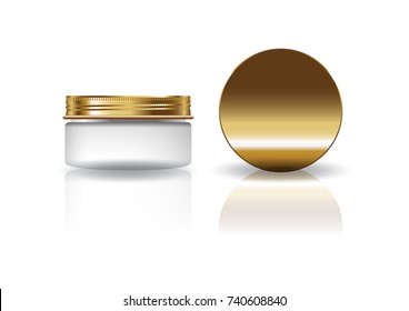 Blank white cosmetic round jar with gold lid for beauty product packaging. Isolated on white background with reflection shadow. Ready to use for package design. Vector illustration.