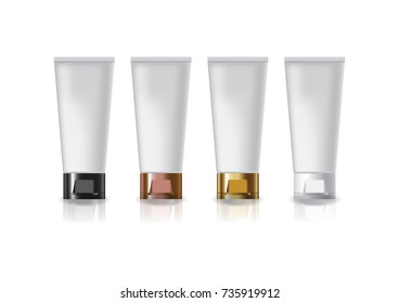 Blank white cosmetic tube with 4 colors cap lid for beauty or healthy product. Isolated on white background with reflection shadow. Ready to use for package design. Vector illustration.