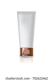Blank white cosmetic tube with copper cap lid for beauty or healthy product. Isolated on white background with reflection shadow. Ready to use for package design. Vector illustration.