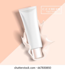 Blank White Cosmetic Tube Falls On A Bicolor Background And Causes A Cream Splash, 3d Illustration