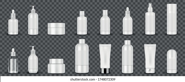 Blank white cosmetic tubes on transparent background. White cosmetic containers hand cream, shampoo, perfume, liquid soap, spray, lotion bottle. Vector