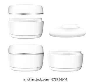 Blank white cosmetics product packaging vector set, cream tube, shampoo bottle, cream container isolated on white backgorund. Plastic bottle mockup illustration Web site page and mobile app design