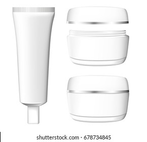 Blank white cosmetics product packaging vector set, cream tube, shampoo bottle, cream container isolated on white backgorund. Plastic bottle mockup illustration Web site page and mobile app design