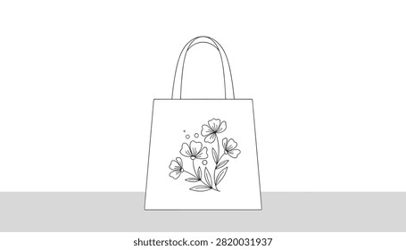 Blank white cotton tote canvas bag decorated with a delicate line art sketch of blooming flowers in a simple mockup design.
