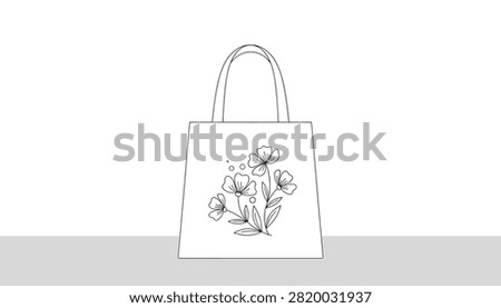 Blank white cotton tote canvas bag decorated with a delicate line art sketch of blooming flowers in a simple mockup design.