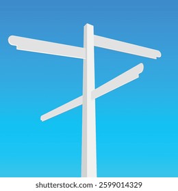 Blank white crossroad signpost. Empty street sign. 3D realistic vector illustration isolated on blue.