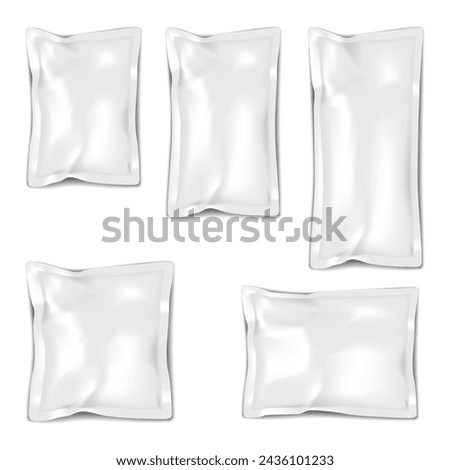 Blank white crumpled sachet packet. Vector mockup set. Plastic, paper or foil pouch bag mock-up kit. Food, medical or cosmetic product individual package template