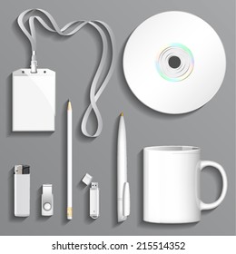 Blank white Cup, Lighter, Pen, Pencil, Disk, USB Storages and Badge for Business Branding and Corporate Identity. Isolated on Gray