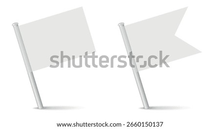 Blank white decorative topper flag with inclined metal stick flag mockup. 3D realistic vector illustration isolated on white.