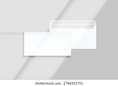 Blank white DL envelope mockup set with elegant organic shadow overlay isolated on background. Open and closed view of realistic paper mailer for business letters, corporate branding, and stationery