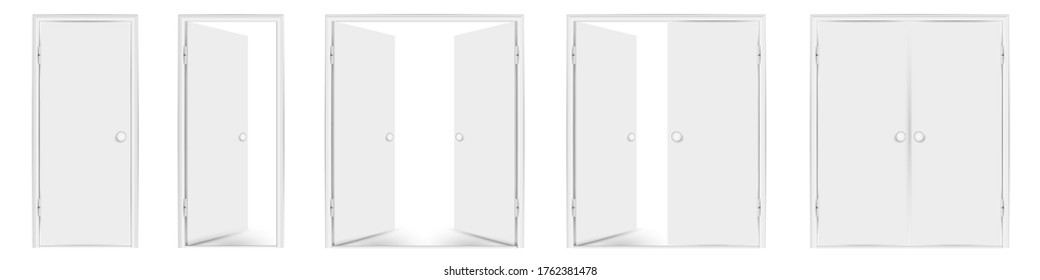 Blank white doors mock up set. Vector illustration. Open and closed, single and double doors. Round doorhandles.