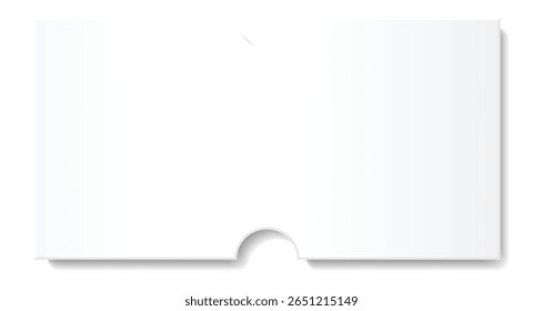 Tíquete duplo branco em branco com linhas de perfuração criando dois stubs isolados no plano de fundo branco com sombra sutil, ideal para personalização e adição de texto ou gráficos