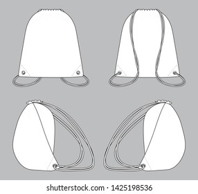 Blank White Drawstring Shoulder Bag Template Vector On Gray Background.Front Back and Side View.