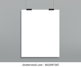 Un papel blanco y vacío está colgado en una pared gris en un estudio. Fondo del vector