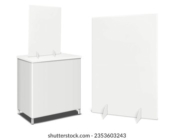 Blank white exhibition counter with floor and table display stands. Vector mockup set. Mock-up for design