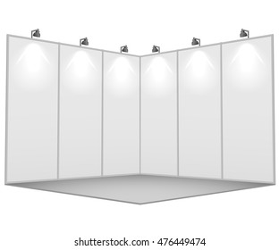 Blank white exhibition stand 3x3 sections vector template with wall illumination.