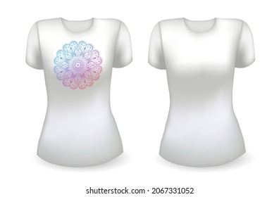 Blank white female t shirt realistic template and white t shirt with mandala. Hello summer badge. Vector