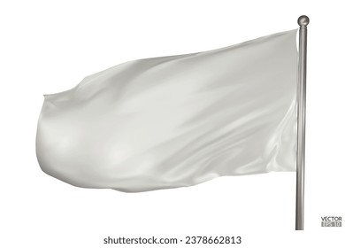 Blank white flag on white background. A White flag waving in the wind on the flagpole. White flag template. 3d vector illustration.