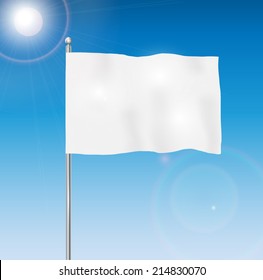 Blank White Flag On Blue Sky Background, Vector Illustration