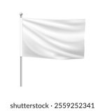 Blank white flag on pole, isolated mockup banner with copy space. Vector realistic cloth or fabric for advertisement or announcement. Waving wind flow effect, symbol of surrender and peace