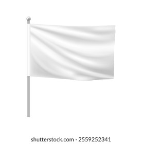 Blank white flag on pole, isolated mockup banner with copy space. Vector realistic cloth or fabric for advertisement or announcement. Waving wind flow effect, symbol of surrender and peace