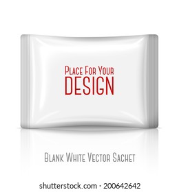 Blank white flat plastic sachet isolated on white background with reflection. With place for your design and branding. Vector