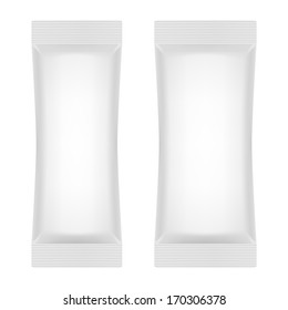Blank White Foil Sachet For Sugar, Coffee, Salt, Pepper Or Sweets. Vector. Product Package Template