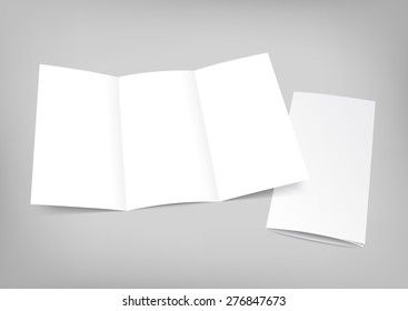 Blank White Folding Paper Flyer. Trifold Mock Up For Brochure Presentation. Vector Illustration.