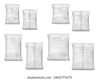 Blank white food snack package. Pillow bag. Vector mock-up set. Realistic crumpled plastic pouch packaging front and back mockup. Template for design