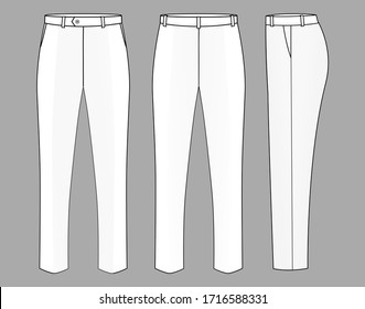 Vector De Pantalones Largos Uniformes En Blanco Para Plantilla.Vistas Delanteras, Laterales Y Laterales.