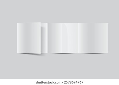 Blank white four fold open leaflet with shadows mockup template on background .Design for open booklet, thank you card, notecards, flyer, greeting card, wedding invitation, postcard, brochure. Vector
