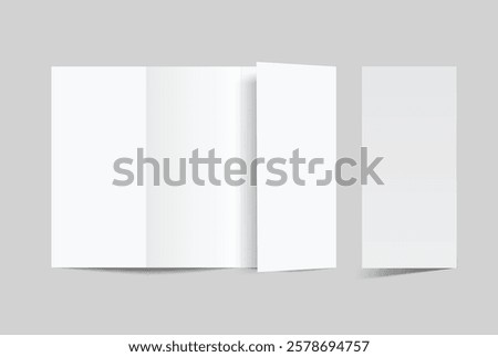 Blank white four fold open leaflet with shadows mockup template on background .Design for open booklet, thank you card, notecards, flyer, greeting card, wedding invitation, postcard, brochure. Vector

